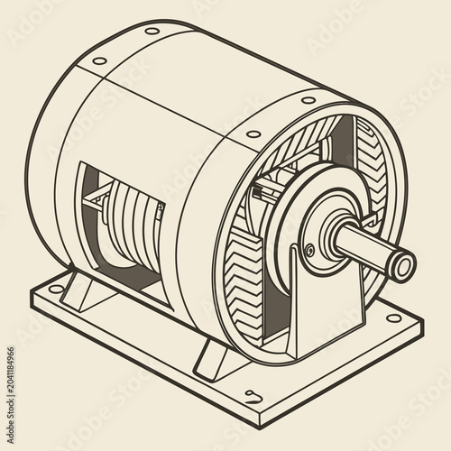 Electric Motor Cross Section Isometric View Detailed Internal Components Engineering Blueprint Style