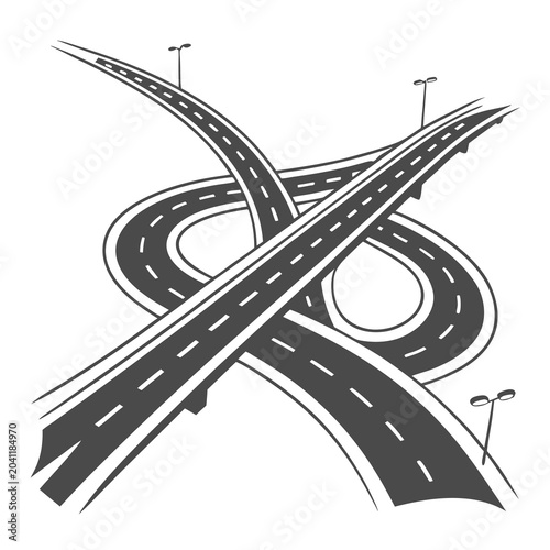 Complex Highway Interchange Crossroads with Lamp Posts Transportation and Urban Planning Concept Clean Vector Illustration