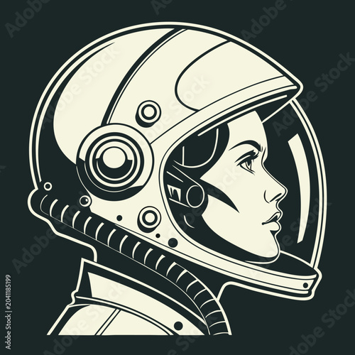 Retro Astronaut Woman Profile Portrait in Helmet Sci-Fi Space Exploration Vintage Illustration Style