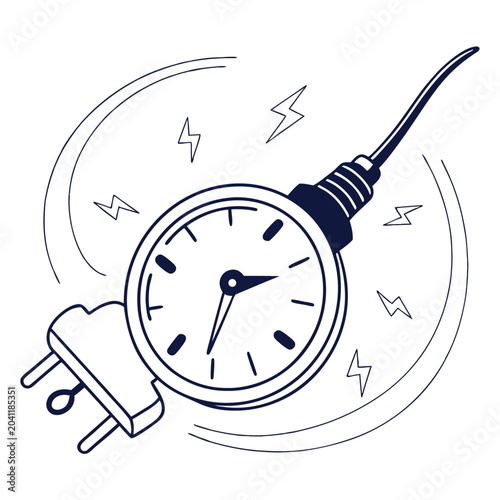 Clock with Electrical Plug Attached Time Saving Concept Clean Line Art Style
