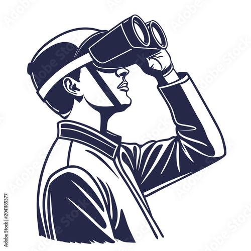 Person in helmet looking through binoculars searching for details clear focus graphic illustration style