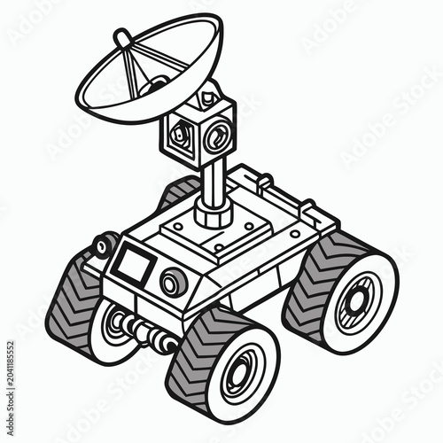 Space Rover Exploration Vehicle with Antenna Dish Isometric Line Art Illustration