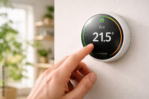 Hand adjusting smart home thermostat to eco mode for energy saving and comfortable temperature control indoors.