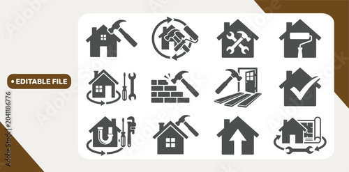 Photos Renovation icon set in multiple styles for home improvement, repair, construction, tools, and remodeling projects
