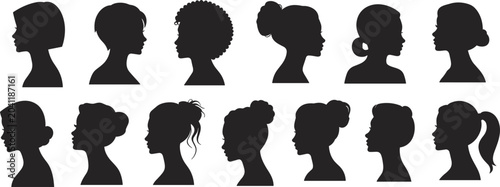 Bild auf Leinwand Collection of diverse female silhouette hairstyles and profiles on a white backg