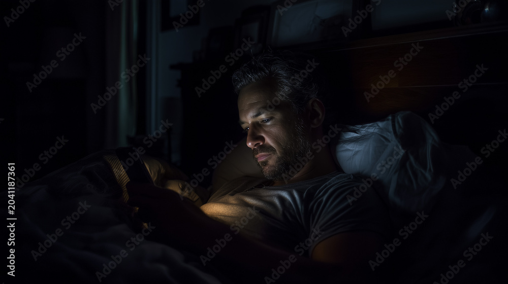 Obraz premium Man Scrolling Smartphone in Bed at Night Illuminated by Screen Light