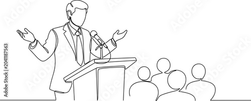 Photos Speaker at podium addressing audience, single line drawing, public speaking, pre