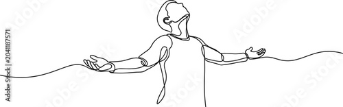 Continuous line drawing of a person with open arms looking up, symbolizing freedom and celebration.
