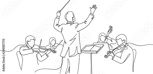 Cuadro en lienzo Orchestra conductor leading musicians in minimalist line art style