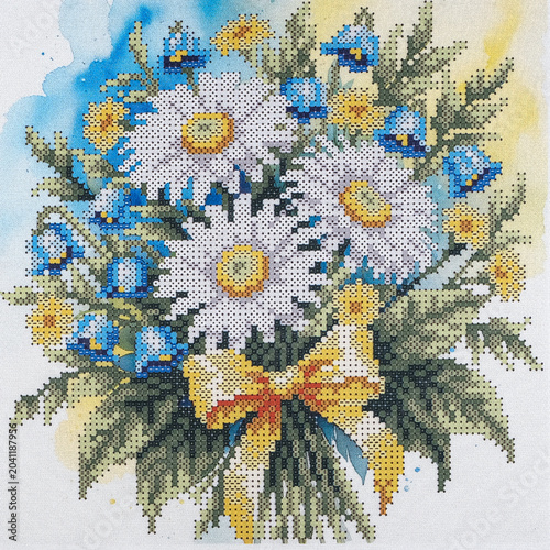 Obraz na płótnie Fabric canvas with a printed floral pattern designed for bead embroidery or cross stitch