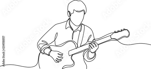 Schilderij op canvas Continuous line drawing of a person playing electric guitar, minimalist style, a