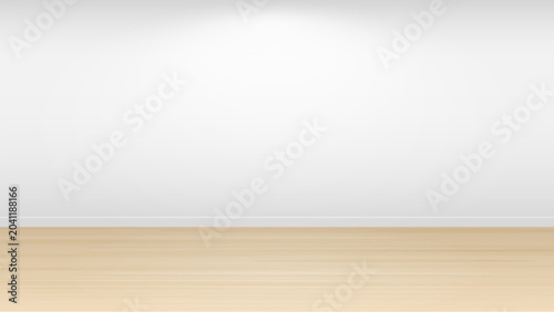 Realistic interior background with a light gray wall and wooden floor for product display, mockup, presentation, showcase