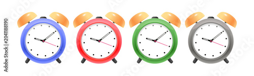 Photos Set of analog alarm clocks with bells for concept of time management, reminder,