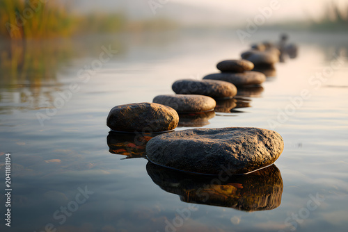 Zen stepping stones in calm water, perfectly reflected at golden hour, creating a peaceful, contemplative path.