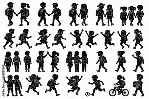 back to school children silhouettes linocut vector set with backpacks