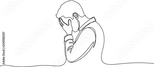 Tableau sur toile Man's face buried in hands, abstract line art, conveying despair or exhaustion