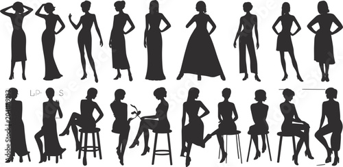 Fotografie Silhouettes of women in various fashion poses and outfits on white background Ke