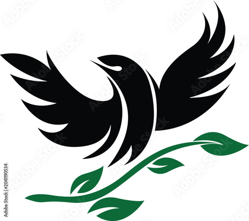 Flying bird logo design with green leaf branch vector illustration