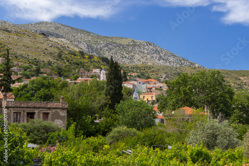 Scenic view of Kardamyla village with traditional churches and mountains, Chios island, Greece