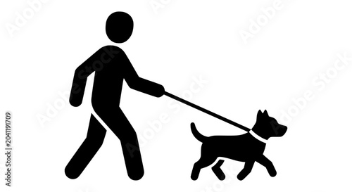 Black silhouette of a person walking a dog, isolated on a transparent background. Perfect for pet care signage.