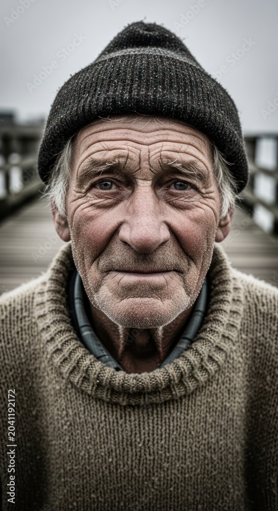 Obraz premium Portrait of a Weathered Fisherman with Kind Eyes and a Warm Sweater.