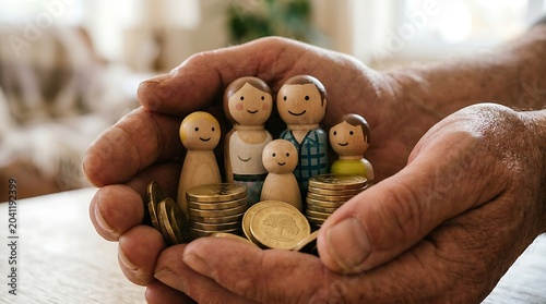 Hands holding wooden family figures and coins financial security concept