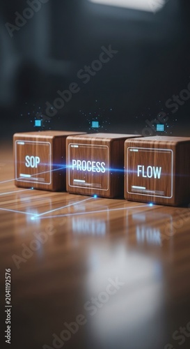 Three wooden cubes labeled SOP, PROCESS, and FLOW, representing business workflow and efficiency.