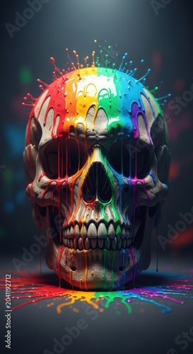 Vibrant Rainbow Skull with Spiky Crown and Splattered Colors.