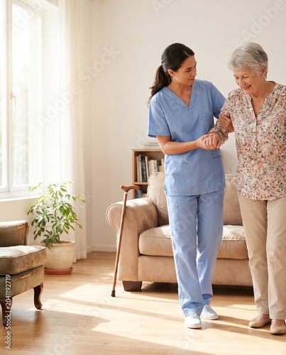 Elderly patient caregiver helping senior woman walk with home care nurse support