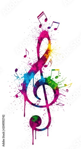 Vibrant Watercolor Treble Clef with Musical Notes and Splashes.
