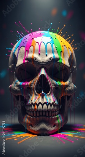 Vibrant Skull Art with Colorful Paint Splatter and Abstract Background.