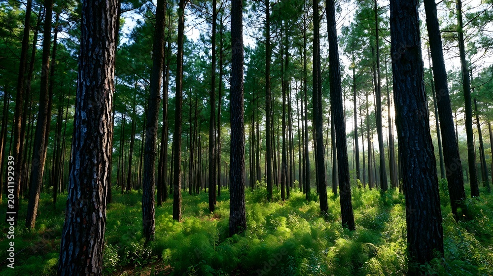 Fototapeta premium Tall pine trees create an atmospheric and serene forest landscape bathed in crisp natural light