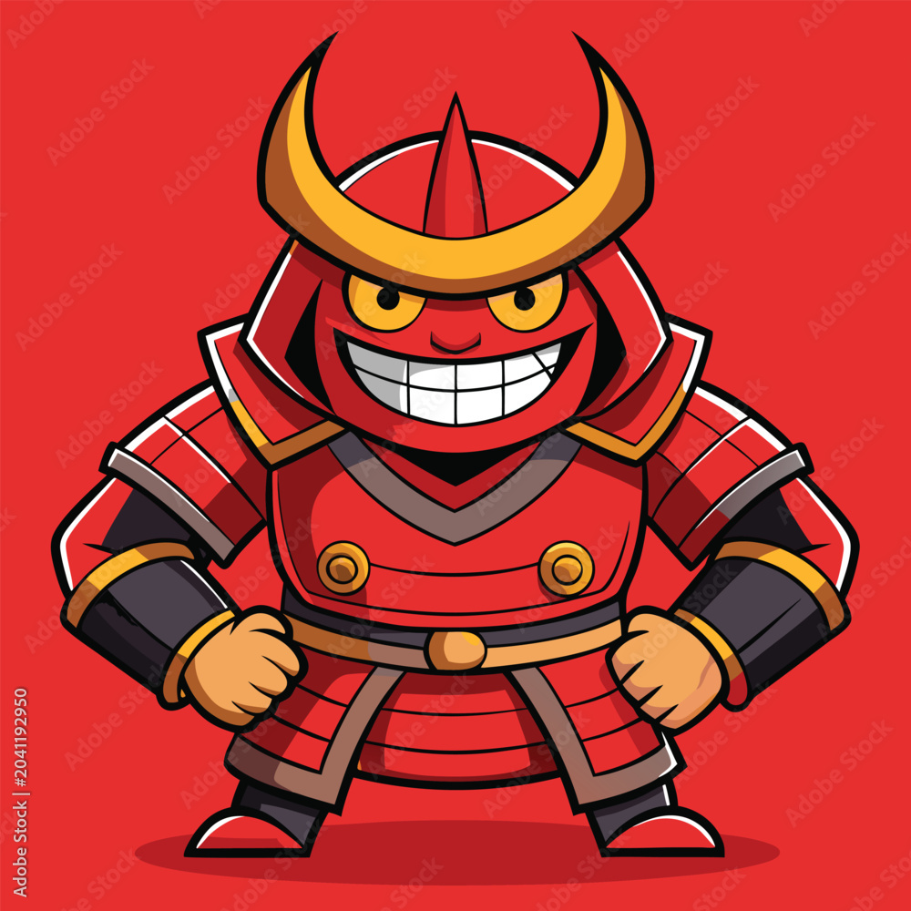 Obraz premium Cartoon Samurai warrior with fierce grin during a battle against red background
