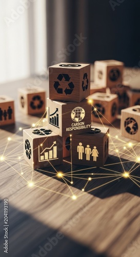Wooden Blocks with Business and Environmental Icons on a Network Grid.