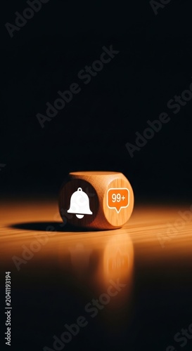 Wooden Cube with Notification Bell and Message Icons.