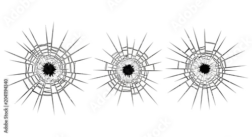 Canvas Print Realistic vector illustration of three bullet holes in shattered glass, showcasing intricate radiating crack patterns