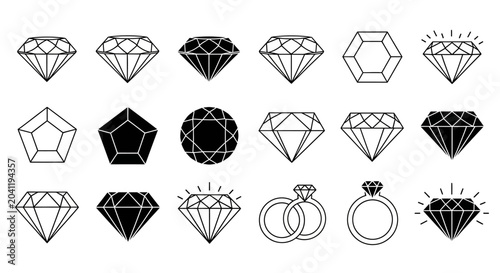 Schilderij op canvas Collection of elegant diamond gemstone and sparkling ring line art icons, showca