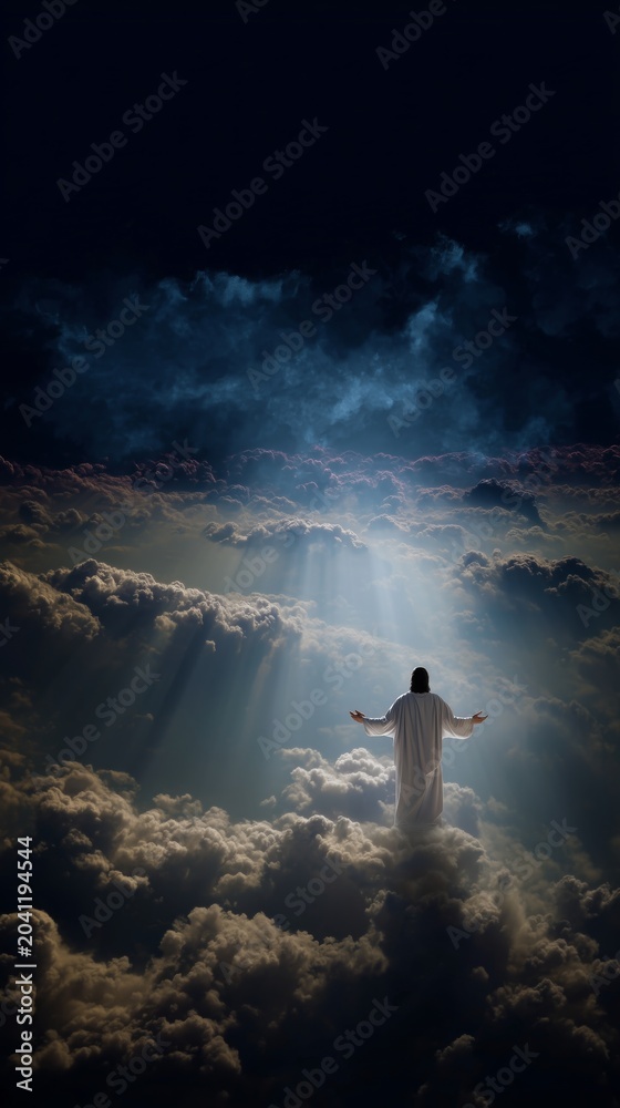 Obraz premium Creation of the world by God that shows divine light and presence above the clouds