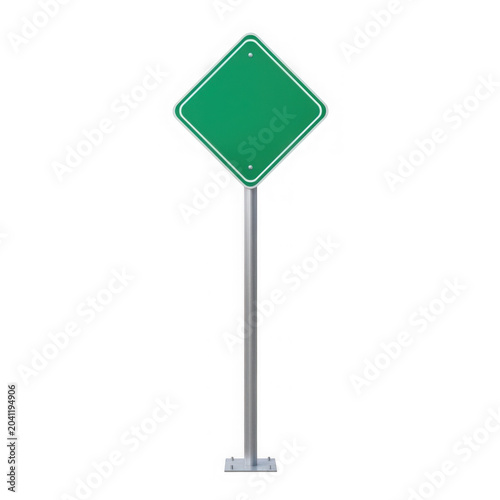 Green diamond warning road sign on pole isolated