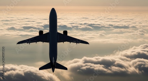 Airplane soaring above clouds at golden hour, high-angle aerial view with dramatic contrast and copy space
