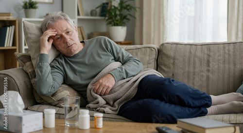Exhausted elderly man resting on sofa with hand on forehead. Sick senior suffering from fatigue and medication side effects at home. Healthcare and illness recovery concept