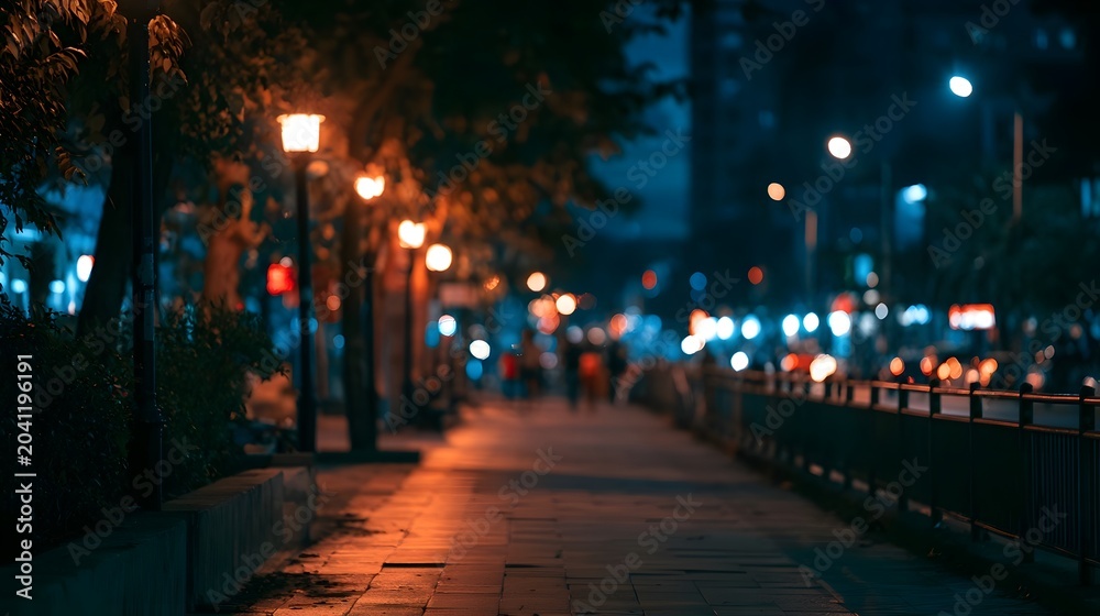Obraz premium A long illuminated city road at night features vibrant streaks of light and deep shadows creating a moody and scenic urban atmosphere