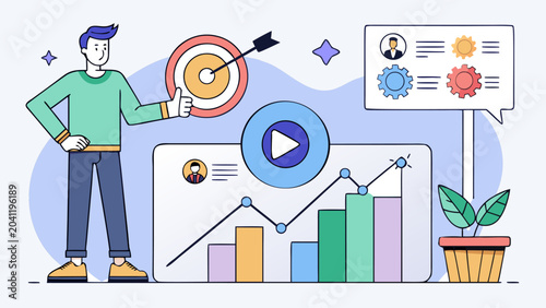 Modern digital marketing analytics concept with target audience, video content, and business growth charts in flat vector style. Ideal for SEO, advertising, and strategy presentations.