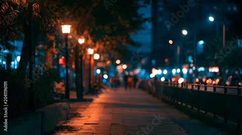 A long illuminated city road at night features vibrant streaks of light and deep shadows creating a moody and scenic urban atmosphere