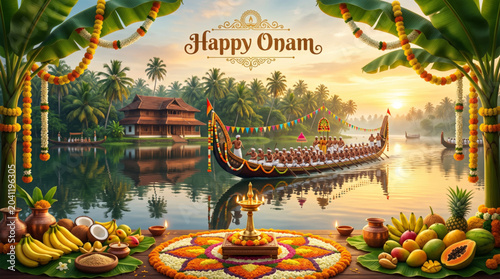 Scenic Onam backwater celebration with snake boat harvest offerings and festive Kerala traditions