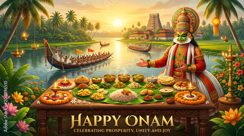 Traditional Onam feast and Kerala backwater celebration with Kathakali for festive cultural greeting