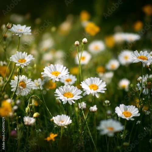 A field of white daisies blooming among green grass and wildflowers  