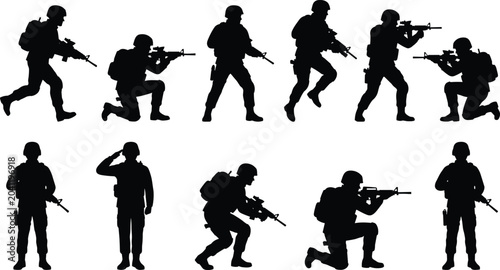 Bild auf Leinwand Set of black vector military soldier silhouettes in tactical combat poses with a