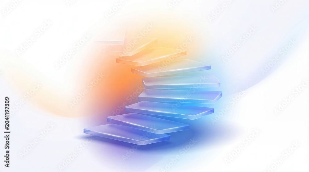 Obraz premium Abstract ascending staircase made of colorful glass steps on a bright white background.