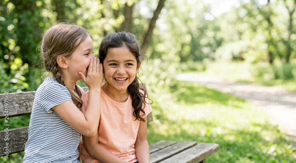 Fototapeta premium Two young girls sitting on a park bench whispering a secret. Happy children laughing and sharing gossip outdoors. Childhood friendship and communication concept